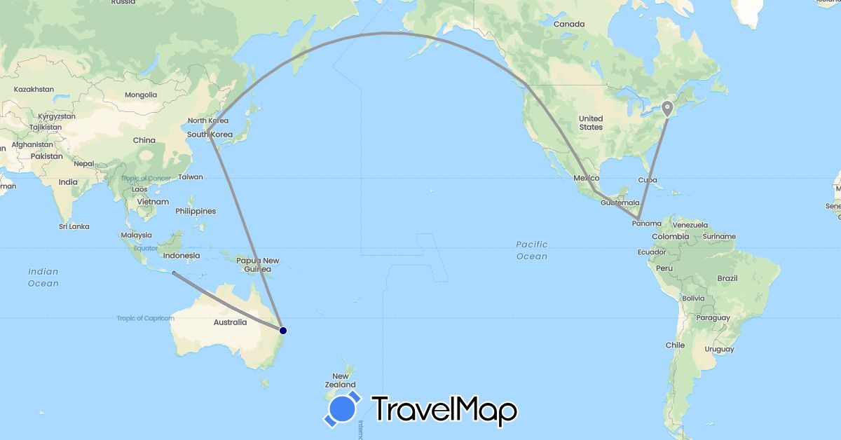 TravelMap itinerary: driving, plane in Australia, Canada, Costa Rica, Indonesia, South Korea, Mexico, United States (Asia, North America, Oceania)